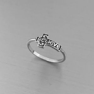 Sterling Silver Believe Sideway Cross Ring, Religious Jewelry, Silver Rings